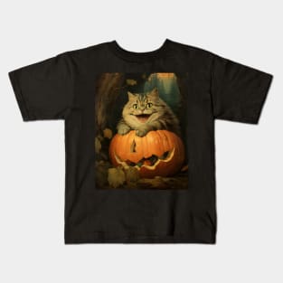 Retro Vintage: Chubby Cat and Pumpkin - Whimsical Autumn Halloween Delight Kids T-Shirt